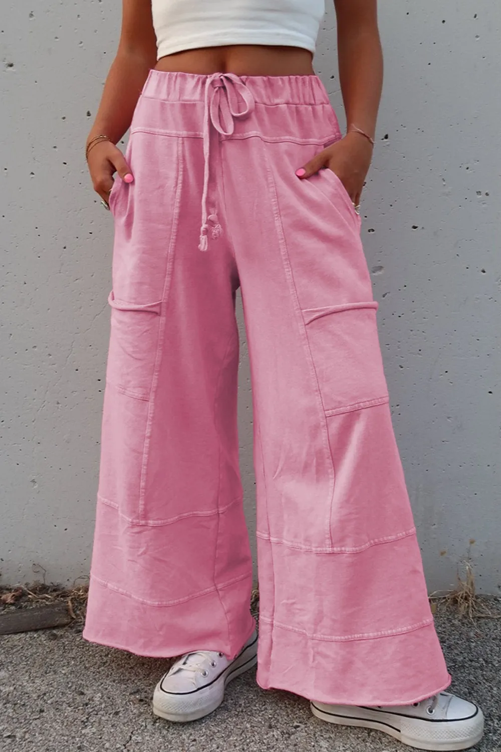 Mineral Wash Exposed Seam Drawstring High Waist Wide Leg Cargo Pants