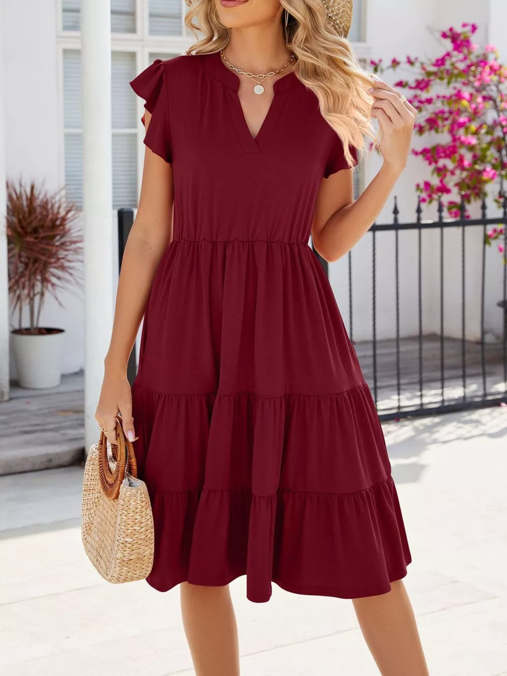 Ruffled Notched Tiered Midi Dress, image 6
