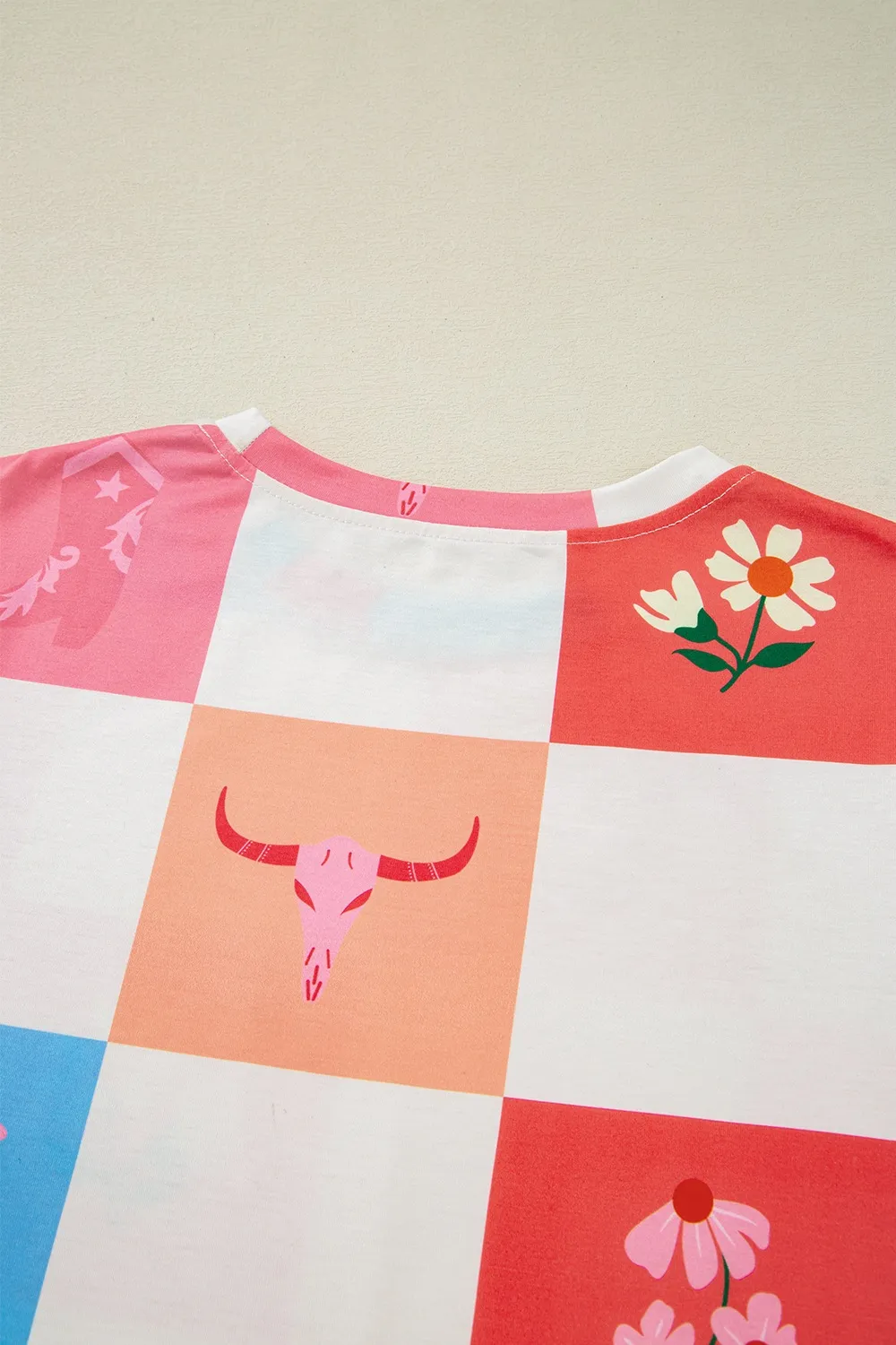 Checker Print Round Neck Short Sleeve T-Shirt, image 3