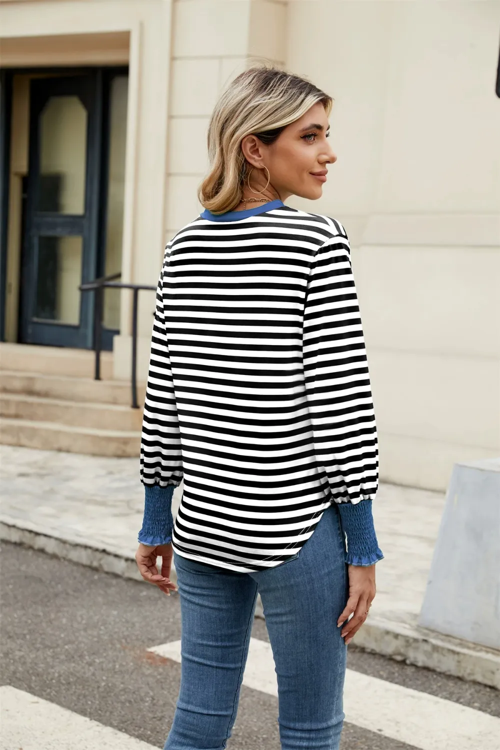 Contrast Striped Notched Long Sleeve Top, image 16