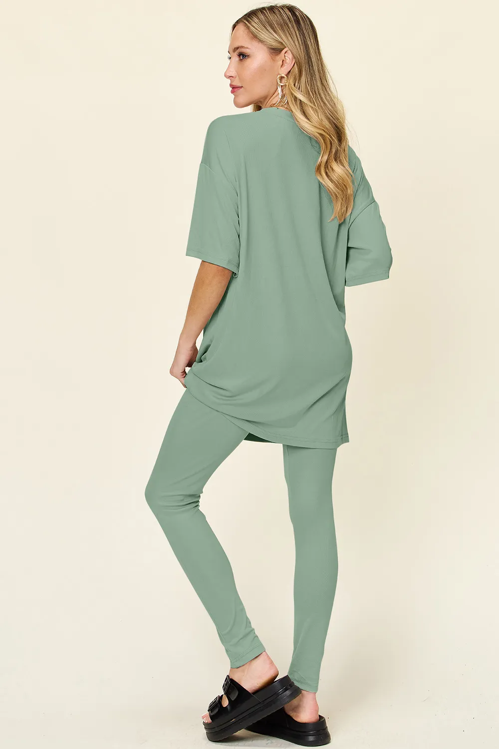 Full Size Round Neck Dropped Shoulder T-Shirt and Leggings Set, image 2