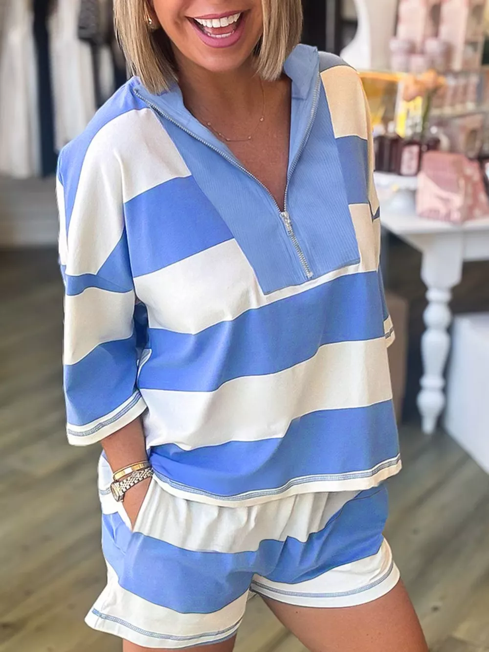 Stripe Seam Detail Half Zip Oversize Tee Casual Shorts 2pcs Set, image 2