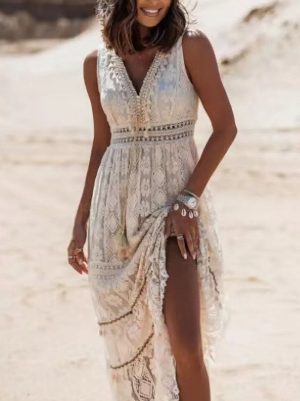 Lace V-Neck Sleeveless Maxi Dress