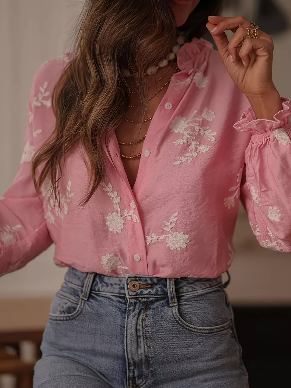 Floral Embroidered Button Down Shirt, image 3