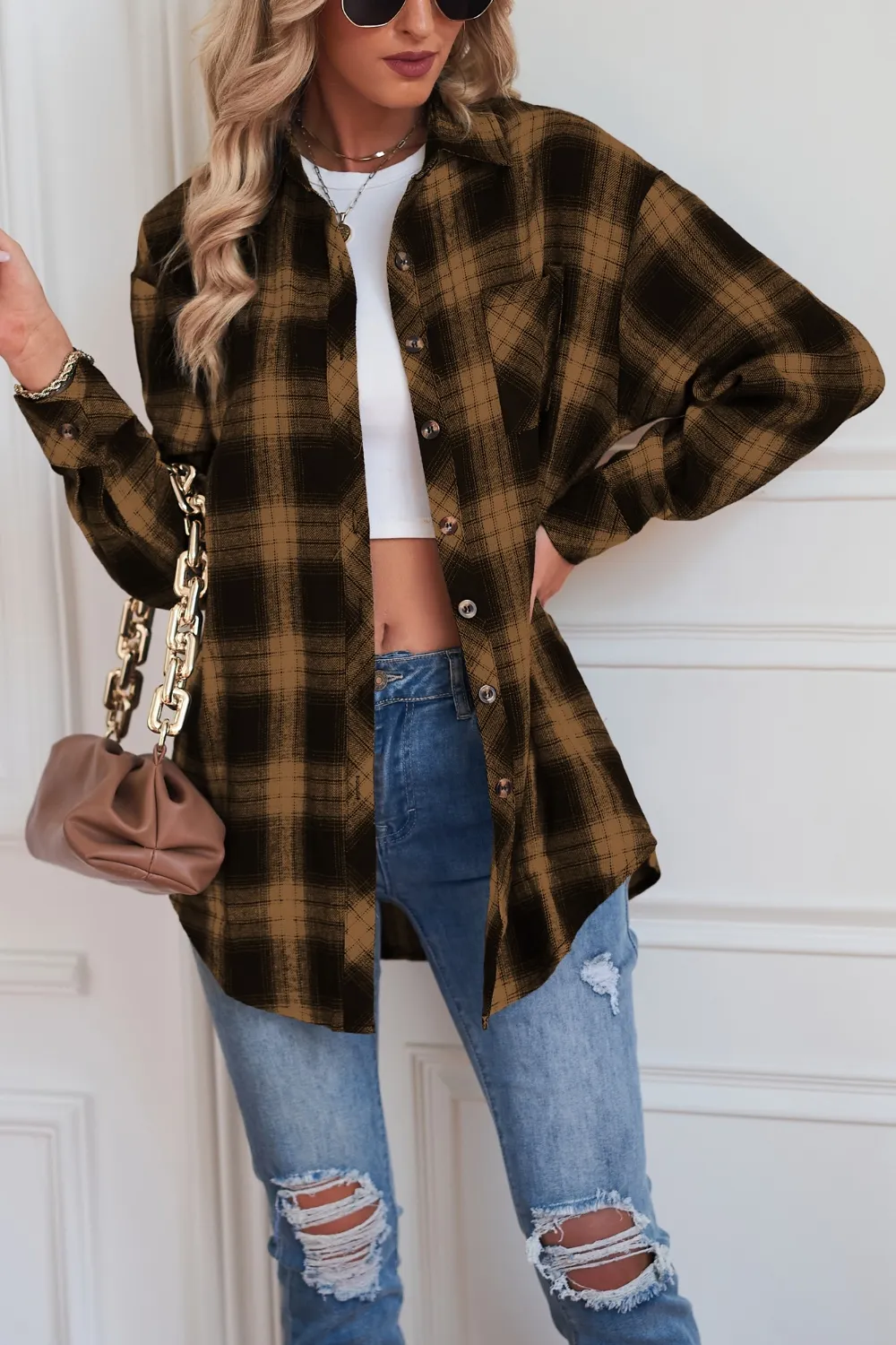 Plaid Button Up Dropped Shoulder Outerwear, image 19
