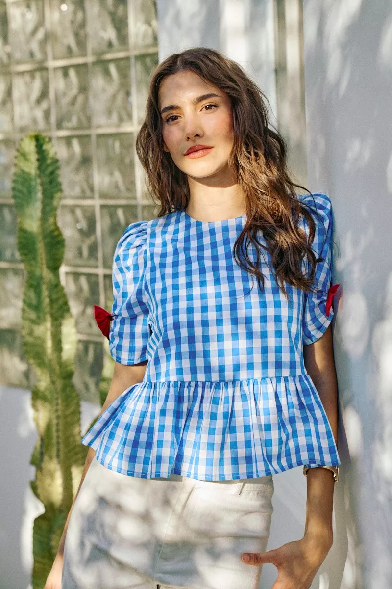 4th Of July Gingham Ribbon Detail Short Sleeves Blouse, image 9