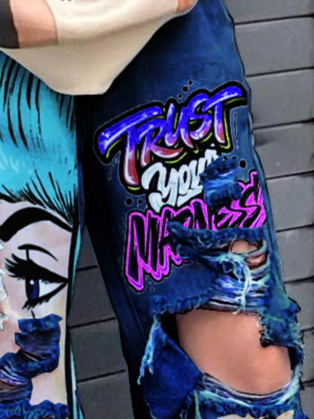Full Size Pop Art Graphic Distressed Wide-Leg Jeans Plus Size, image 6
