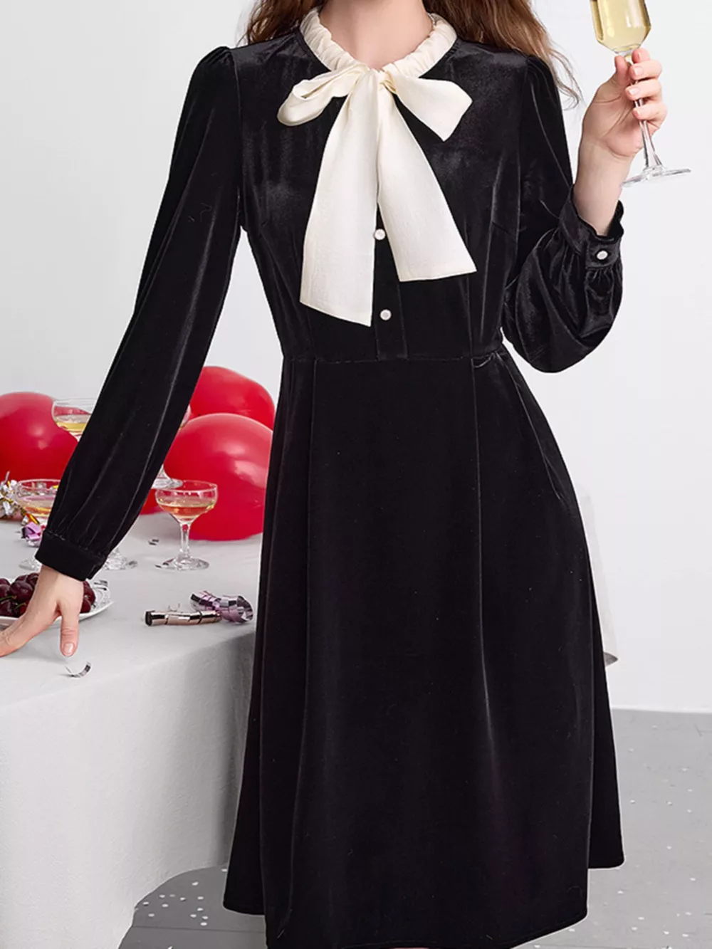 Velvet Bowknot Long Sleeve A-Line Dress, image 2