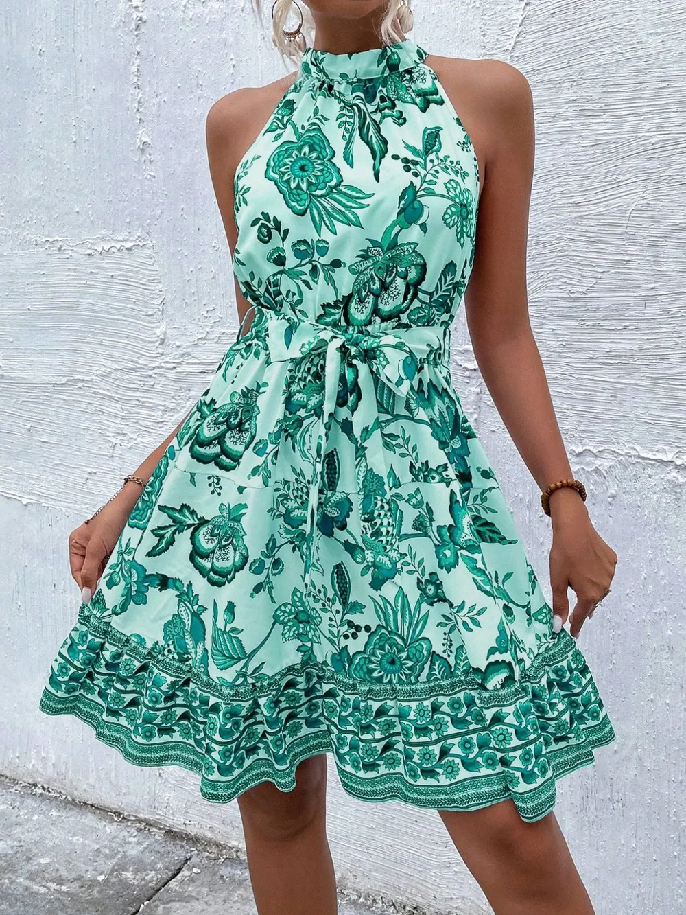Floral Halter Neck Summer Dress with Belt, image 2