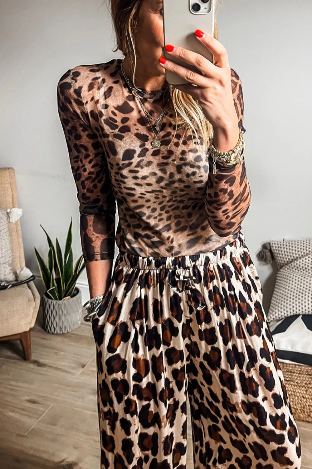 Leopard Round Neck Long Sleeve Blouse, image 4
