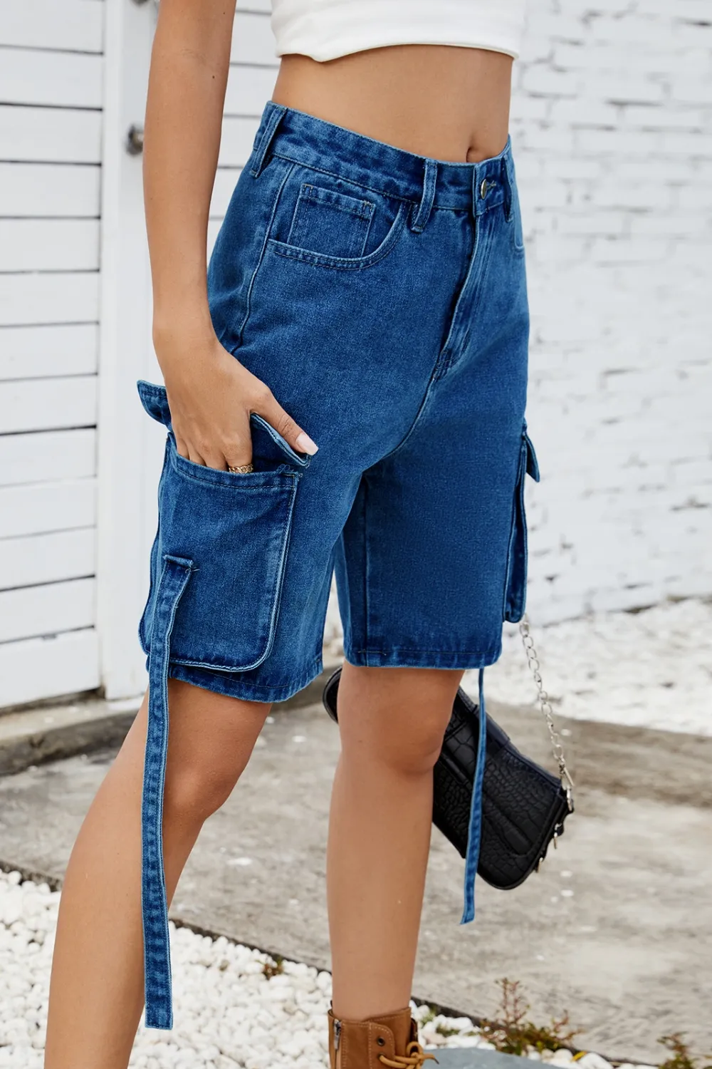 Washed Cargo Denim Shorts, image 4