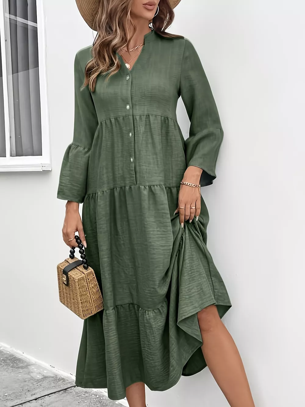 Button Front Tiered Midi Dress, image 3