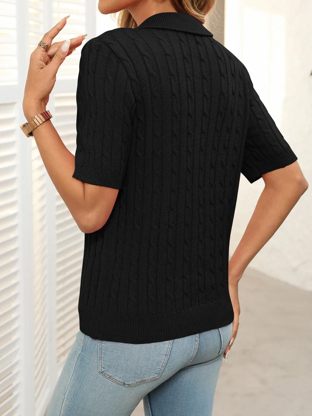 Cable Knit Johnny Collar Half Sleeve Sweater, image 6