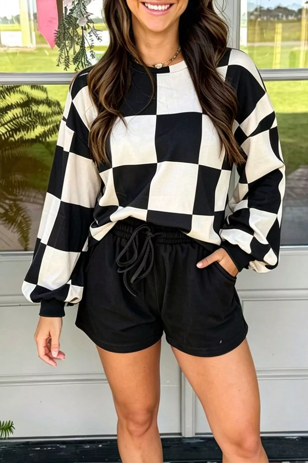 Checkerboard Print Sweatshirt and Shorts Set, image 3