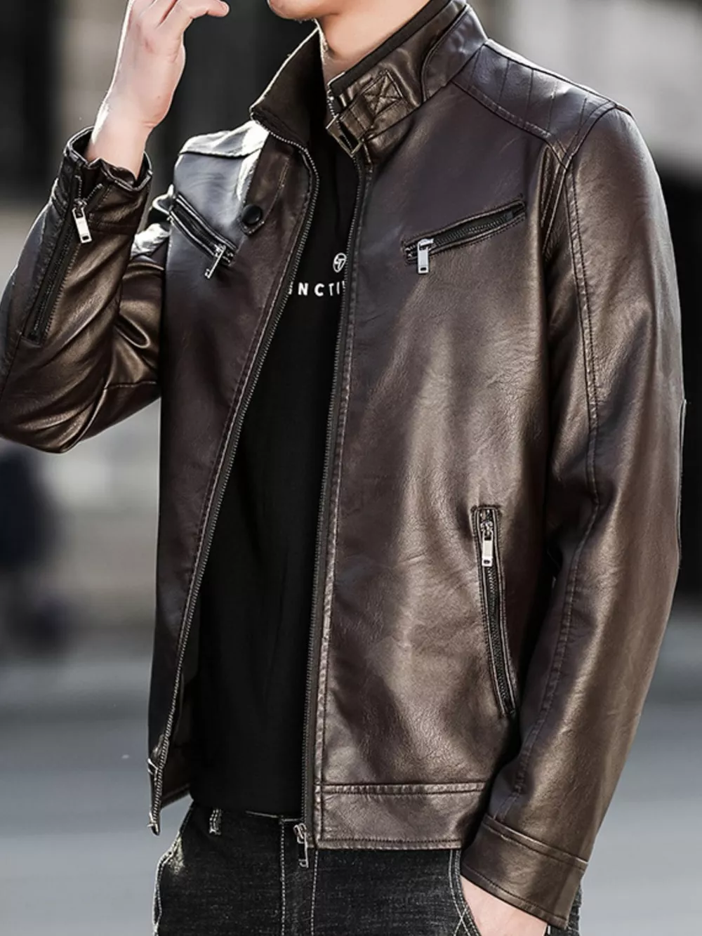 Men's Plus Size Zip Up Leather Jacket, image 6