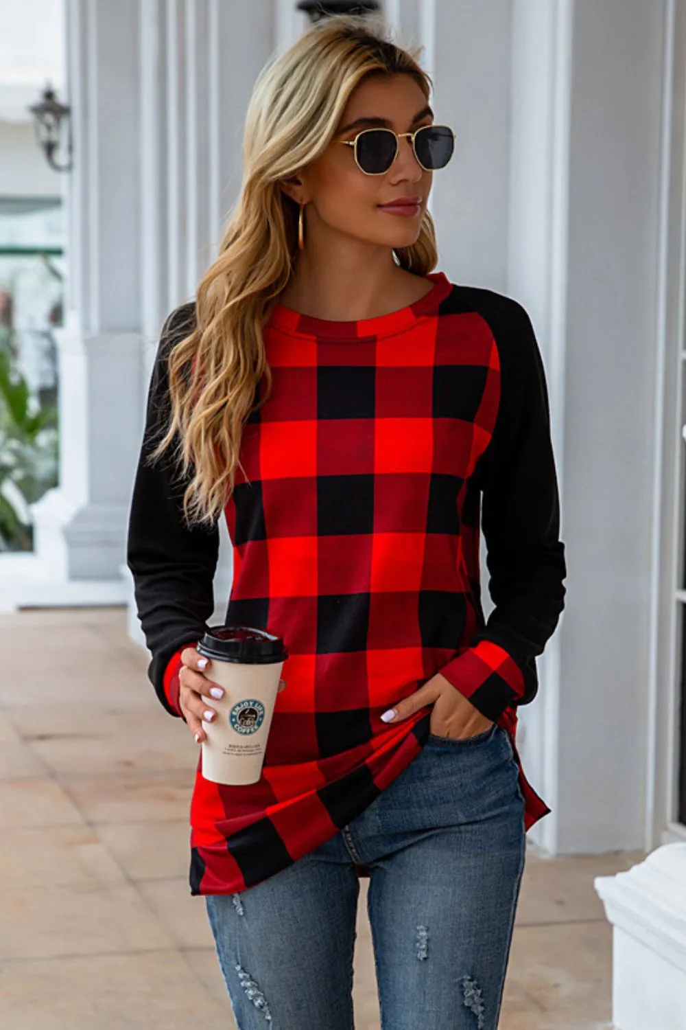 Plaid Round Neck Long Sleeve T-Shirt, image 4