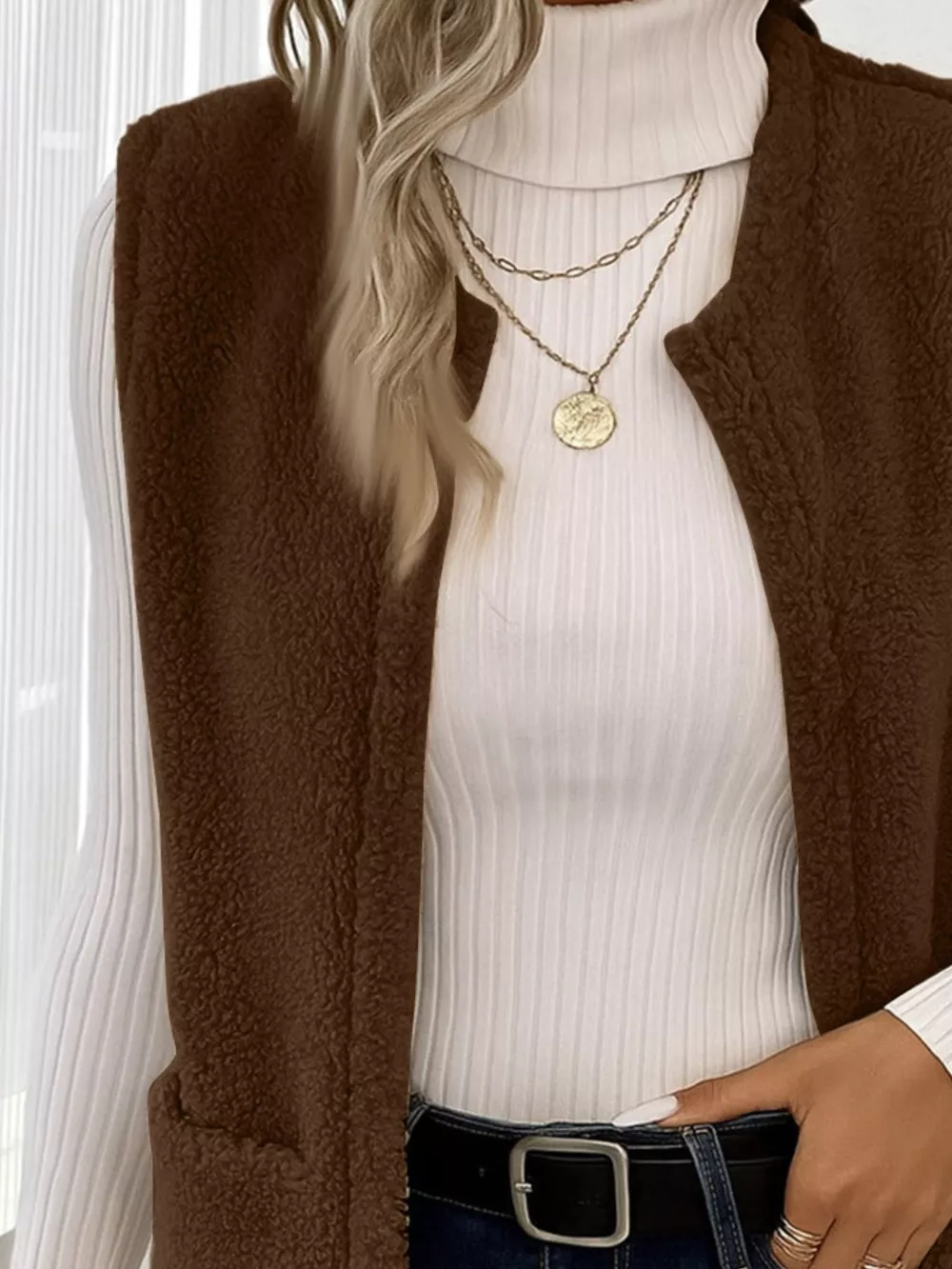 Sleeveless Fuzzy Fleece Vest Coat, image 12