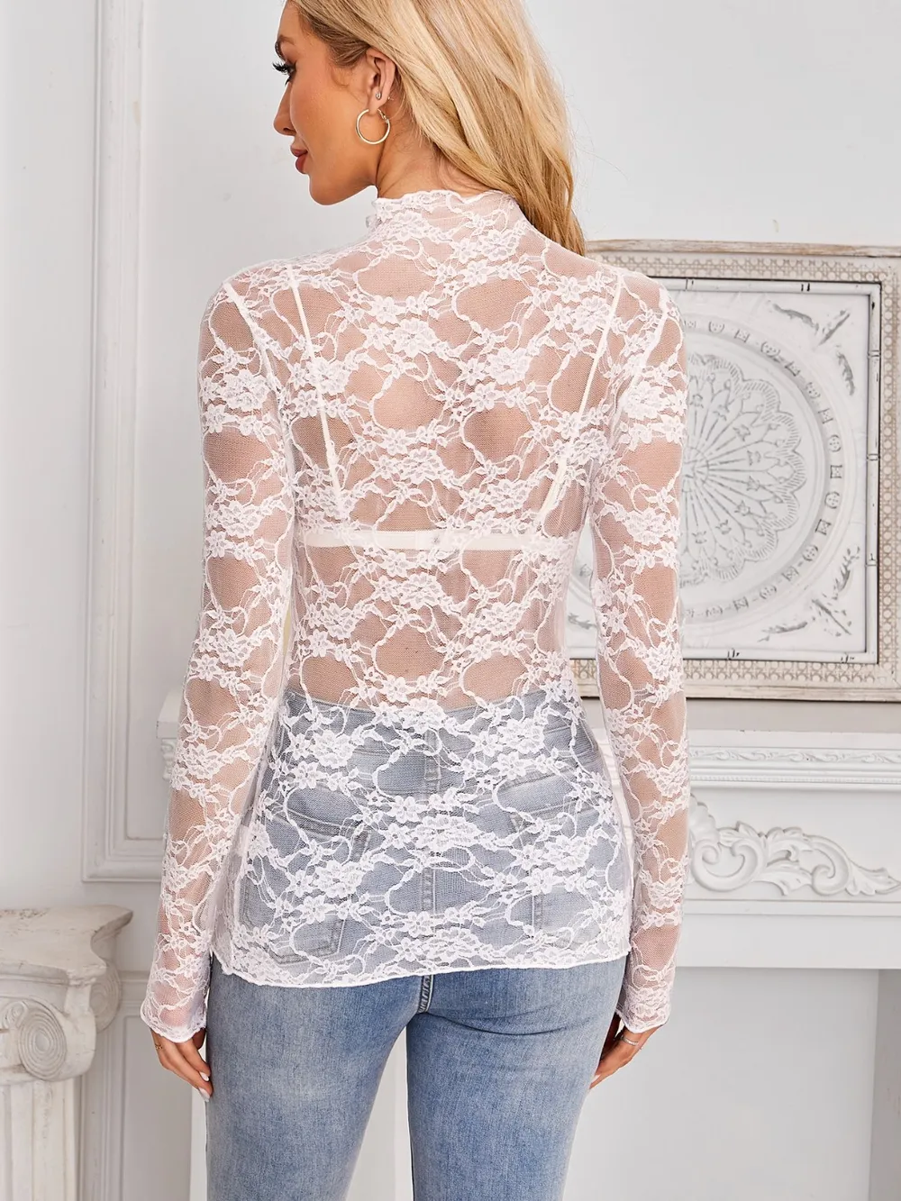 Mock Neck Long Sleeve Lace Sheer Top, image 4