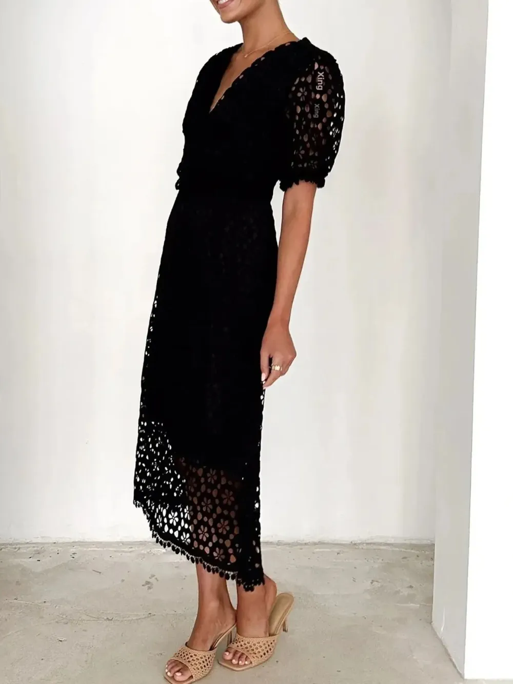 Eyelet Lace V-Neck Midi Dress with Puff Sleeves, image 3