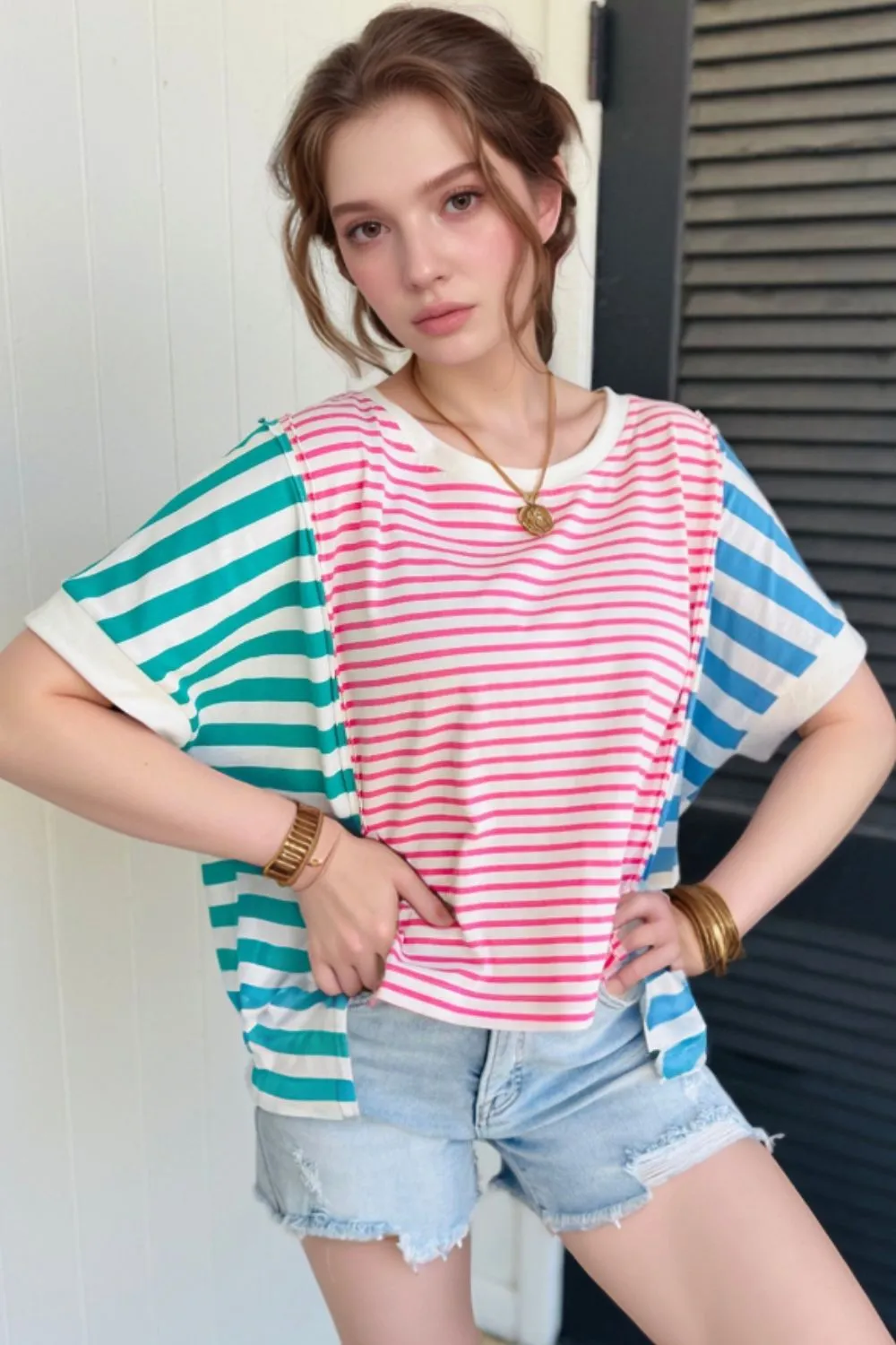 Color Block Striped Batwing Sleeve T-Shirt, image 3