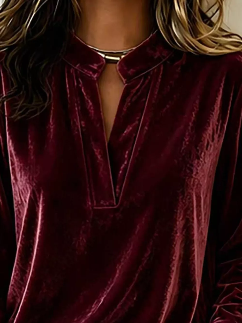 Full Size Velvet Notched Long Sleeve Blouse Plus Size, image 8