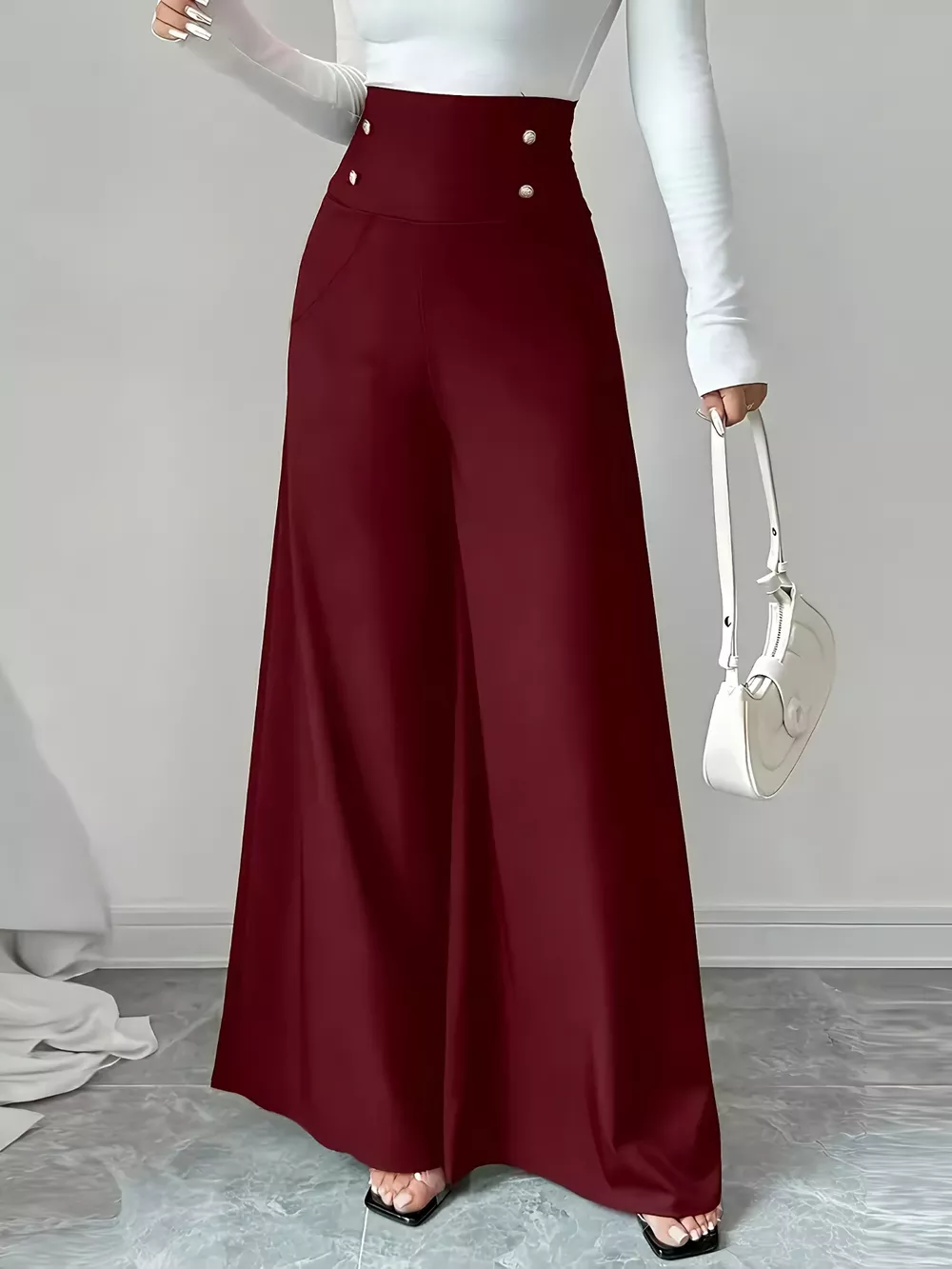 High Waist Wide Leg Button Decor Pants, image 2