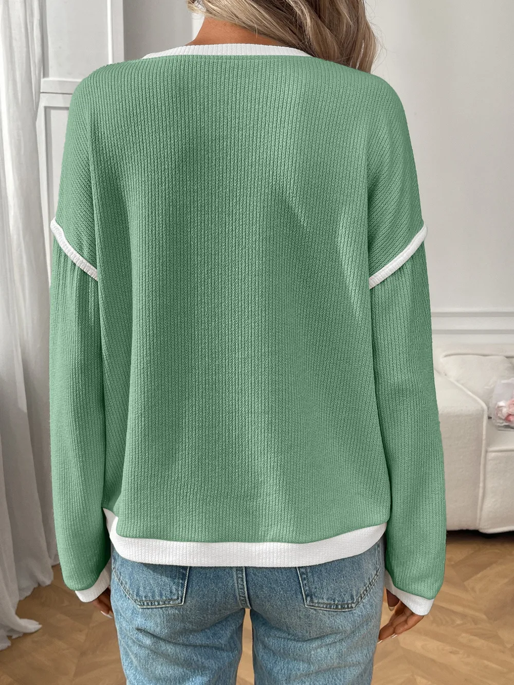 Ribbed Contrast Trim Long Sleeve Top, image 7