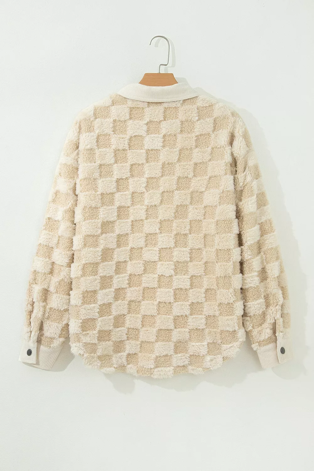 Plush Checkered Corduroy Trim Metal Button Long Sleeve Shift Silhouette Shacket, image 7