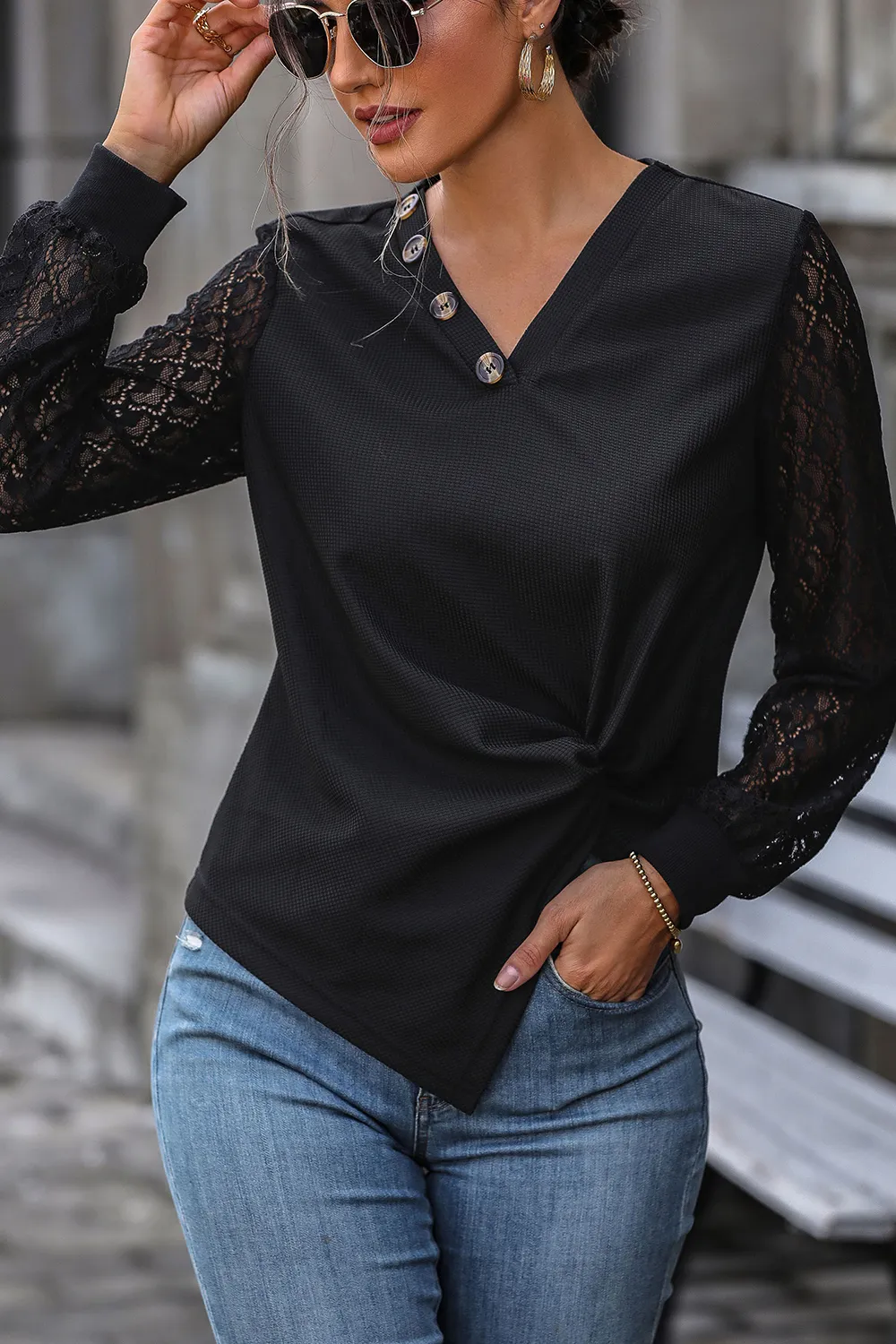 Twisted Decorative Button Long Sleeve T-Shirt, image 3