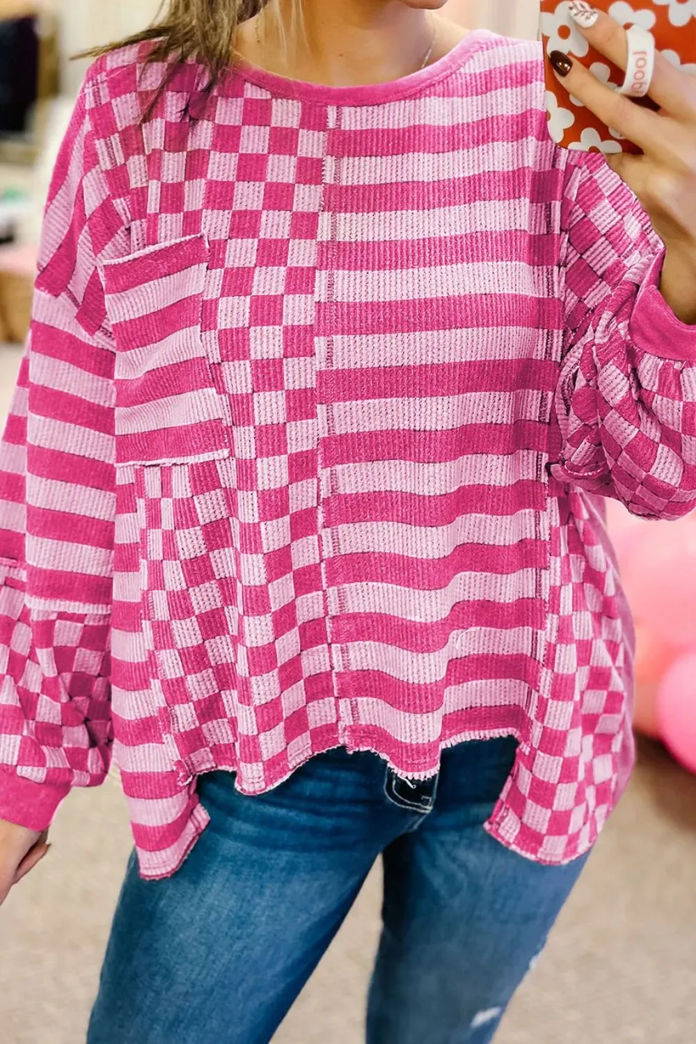 Checker & Stripes Round Neck Long Sleeve Blouse, image 3