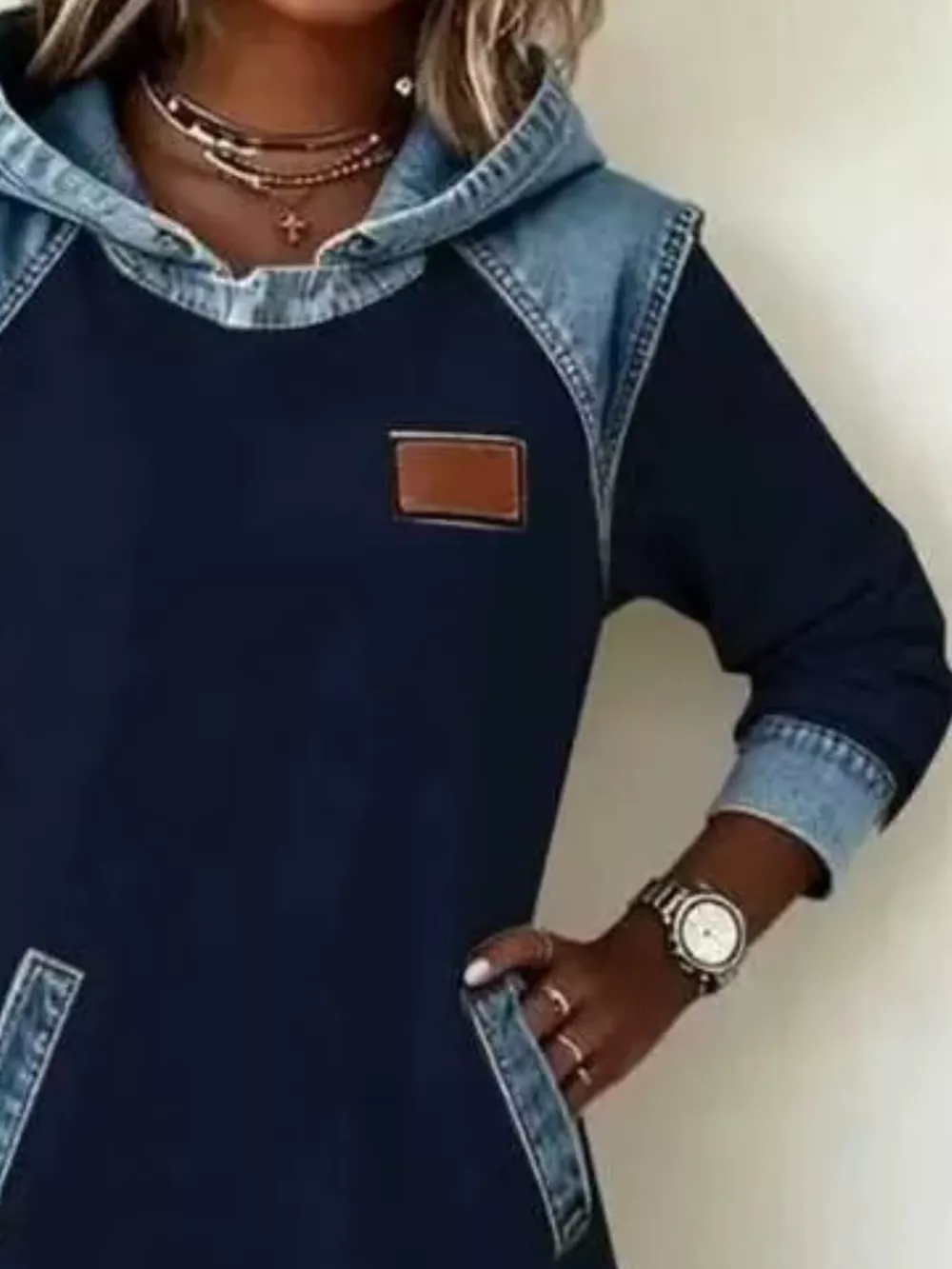 Full Size Denim Patchwork Hooded Sweatshirt Dress Plus Size, image 10