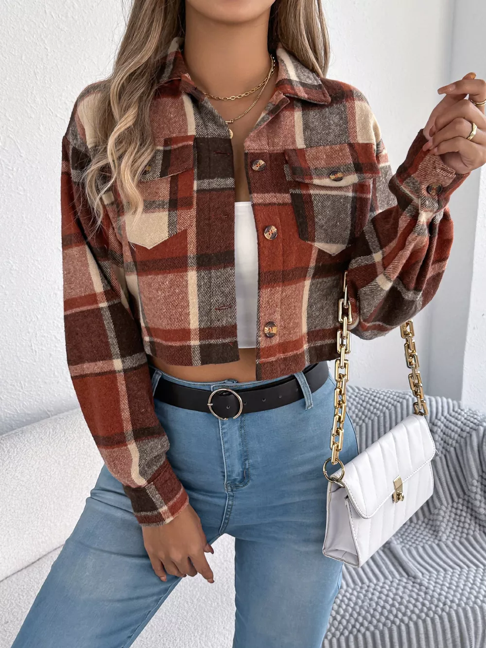 Plaid Button Up Cropped Jacket, image 6