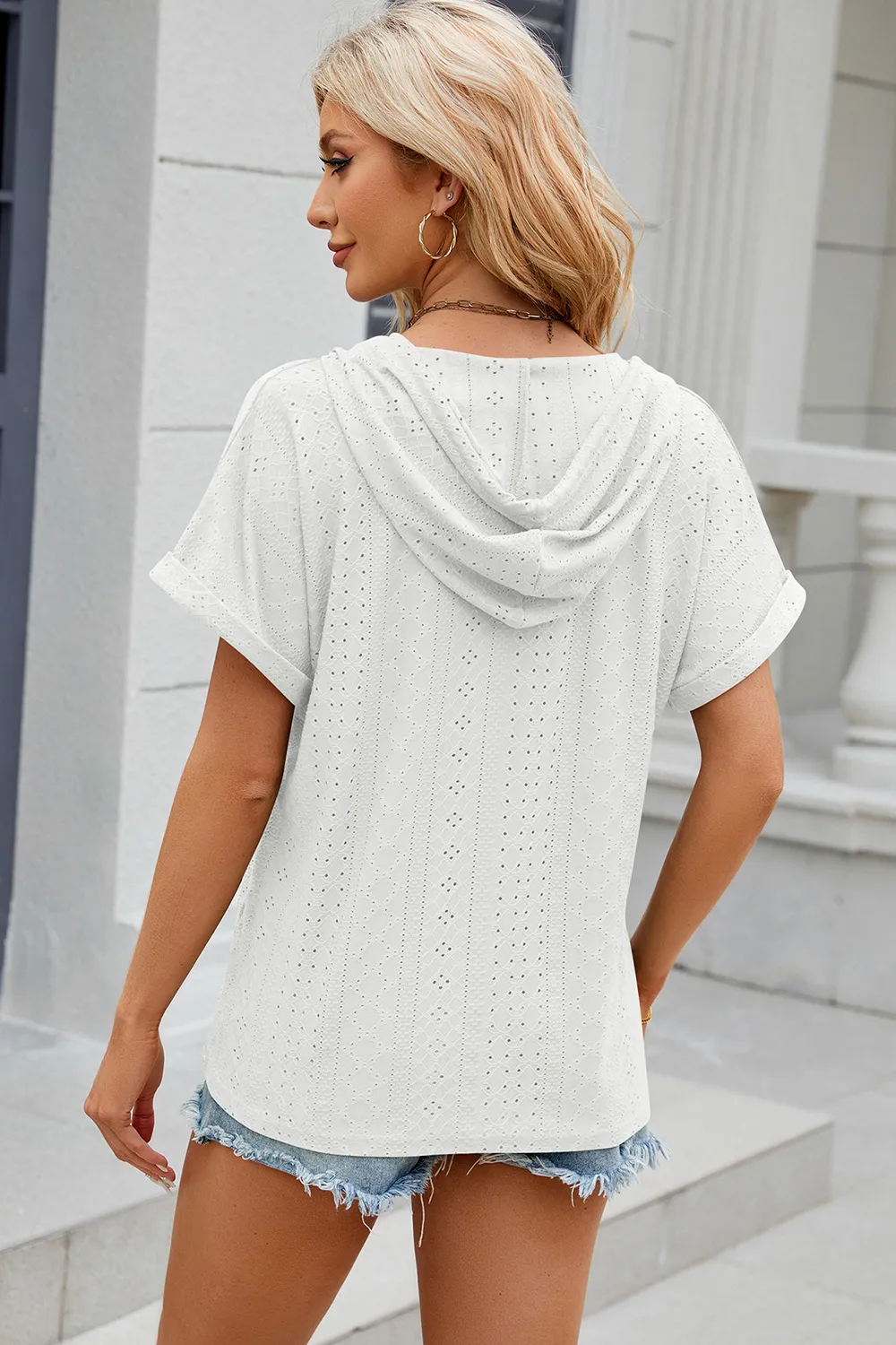 Eyelet Drawstring Hooded Short Sleeve Blouse, image 17