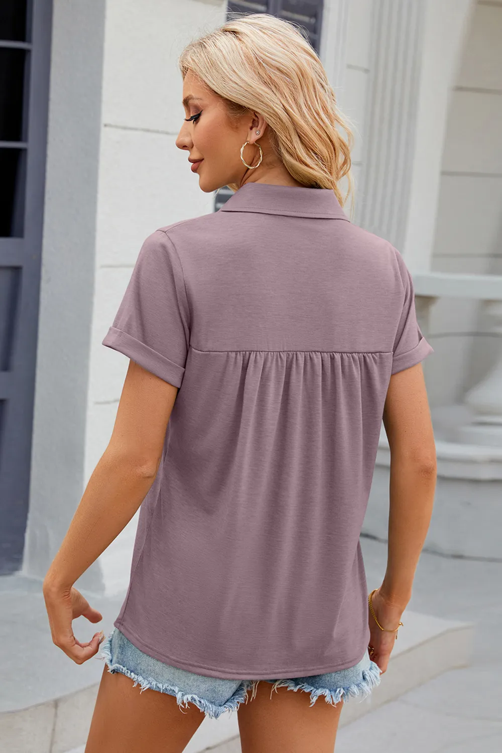 Ruched Johnny Collar Short Sleeve Blouse, image 32