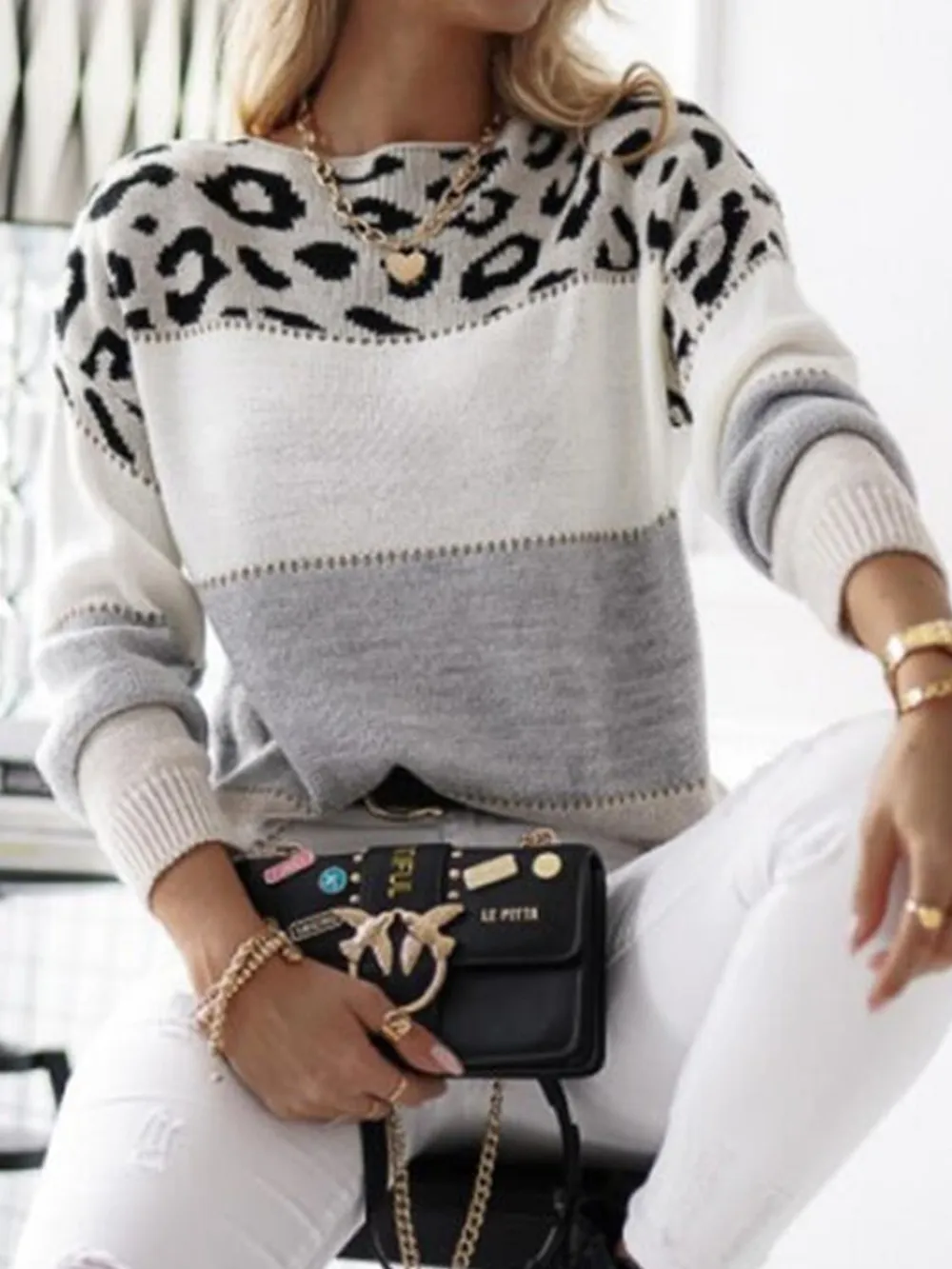 Leopard Color Block Round Neck Long Sleeve Sweater, image 5
