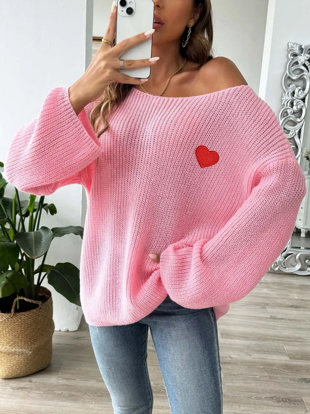 Heart Boat Neck Dropped Shoulder Sweater, image 14