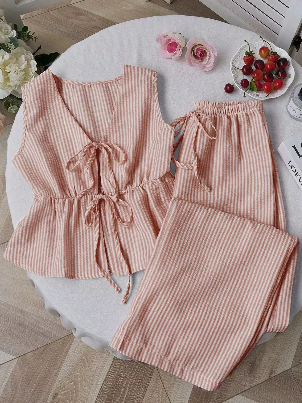 Striped Tie-Front Sleeveless Top and Pants Set, image 10