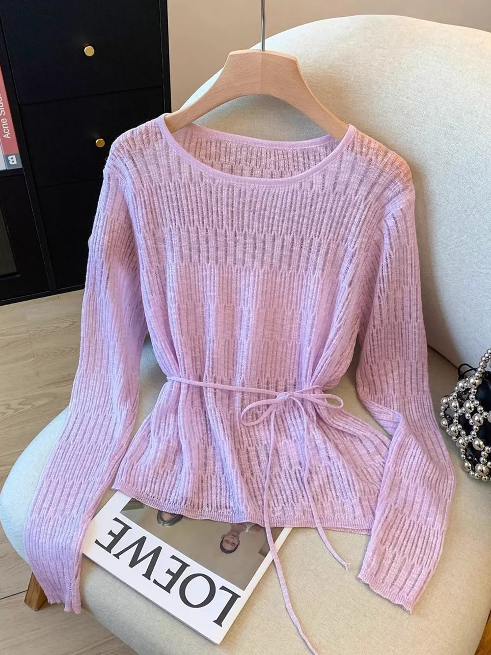 Long Sleeve Knit Top with Tie Detail, image 4