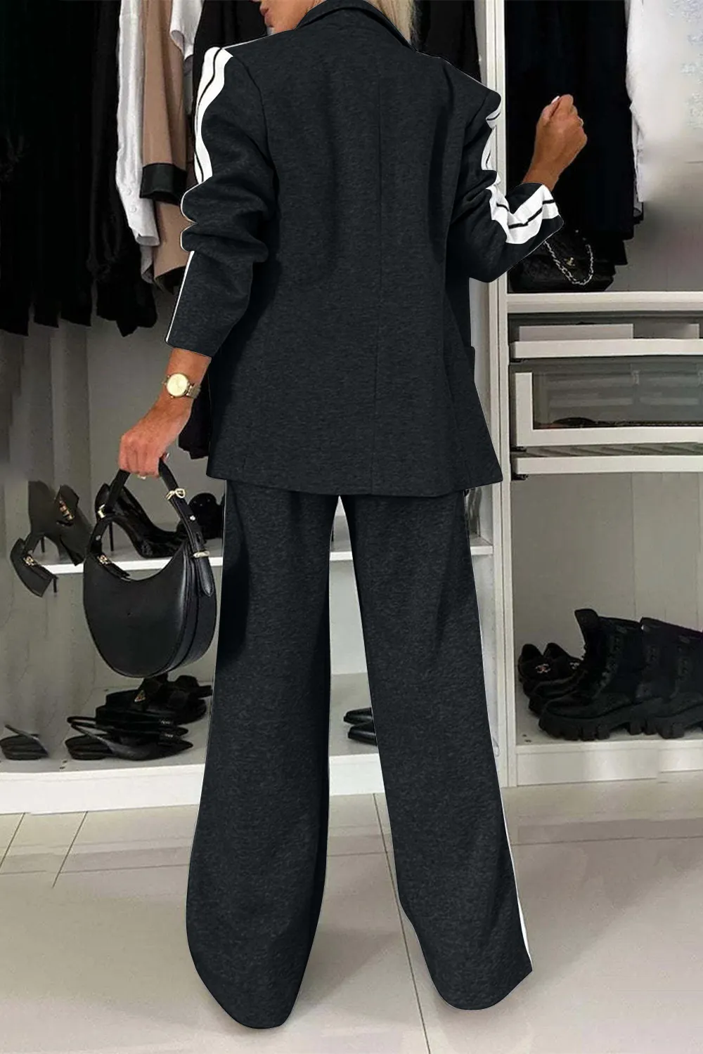 Full Size Contrast Lapel Collar Top and Pants Set, image 3