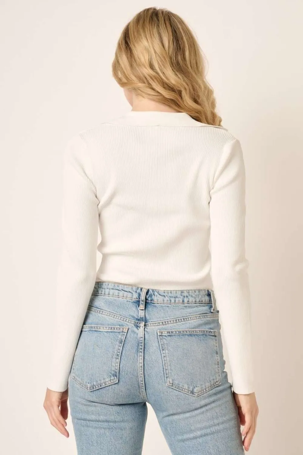 Polo Long Sleeve Ribbed Knit Top, image 2