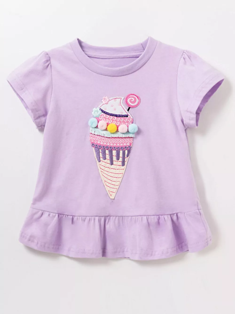 Children's Cute Ice Cream Applique Ruffle Hem T-Shirt