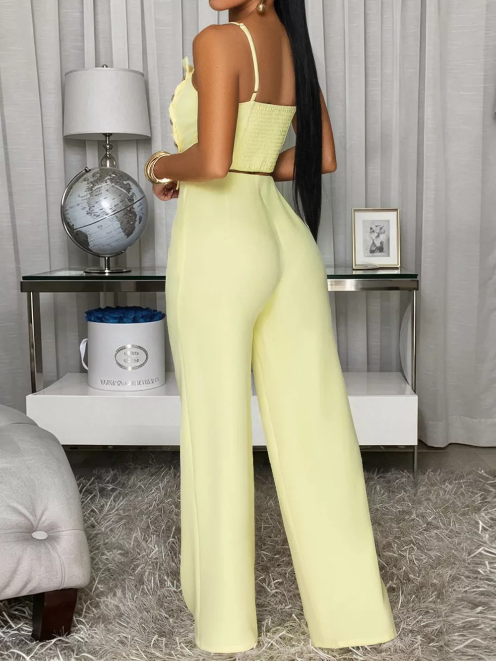 Decorative Button Smocked Back Cami and Wide Leg Pants Set, image 3