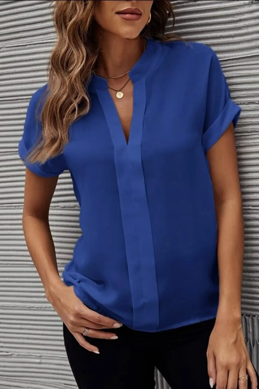 Full Size Notched Short Sleeve Blouse, image 22