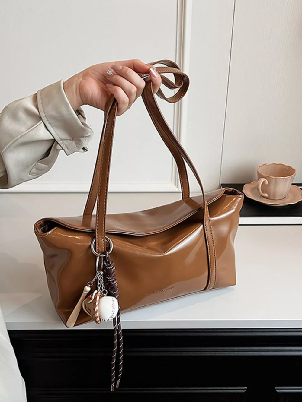 Solid Color Leather Shoulder Bag, image 5