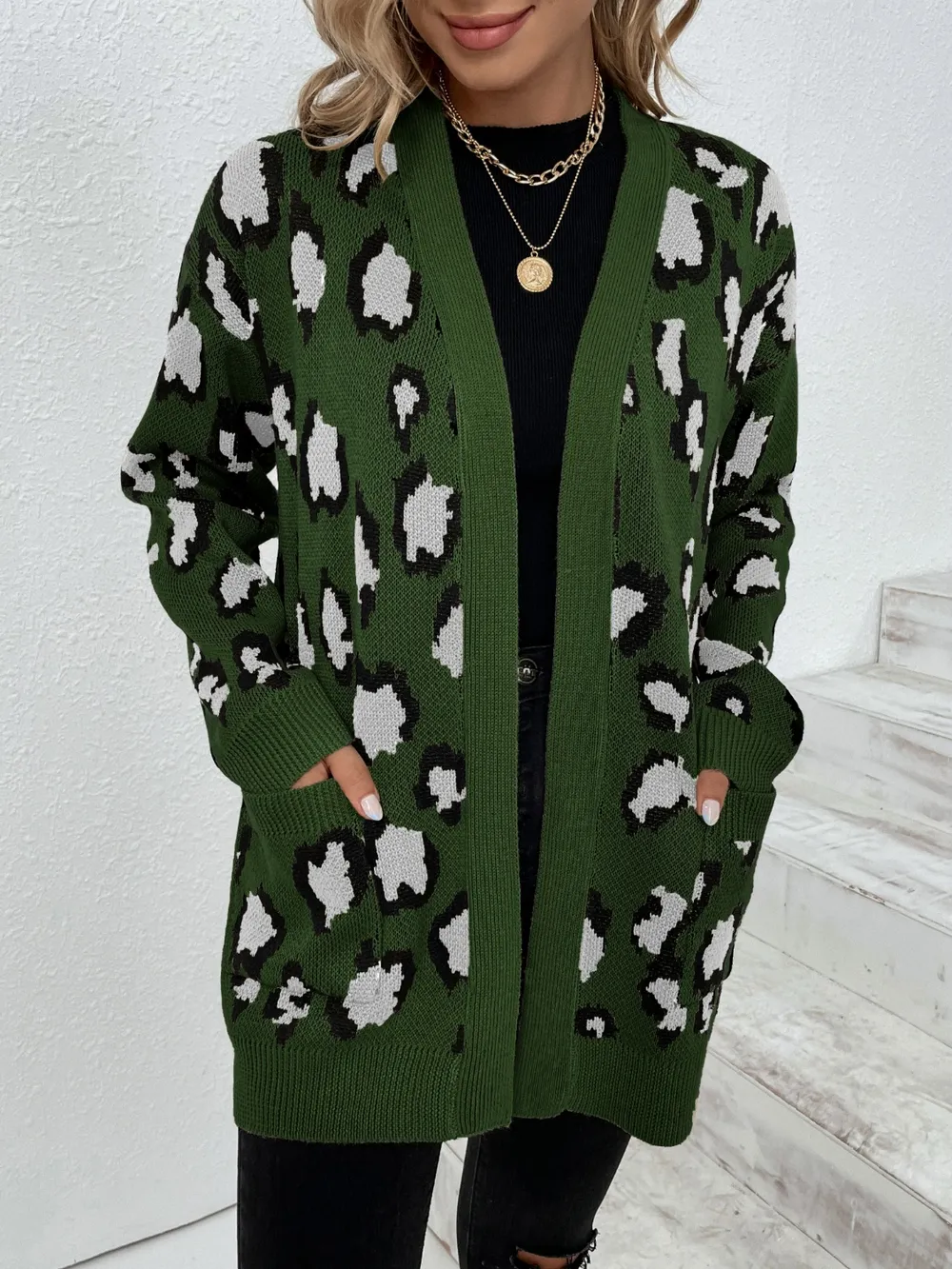 Leopard Open Front Dropped Shoulder Cardigan, image 4