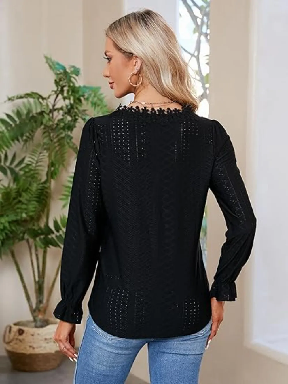 Lace Detail Eyelet V-Neck Flounce Sleeve Blouse, image 14