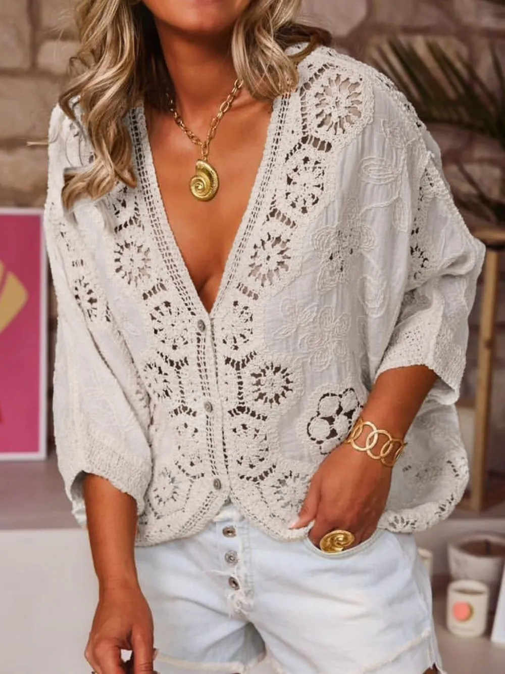 Crochet Lace V-Neck Blouse, image 2