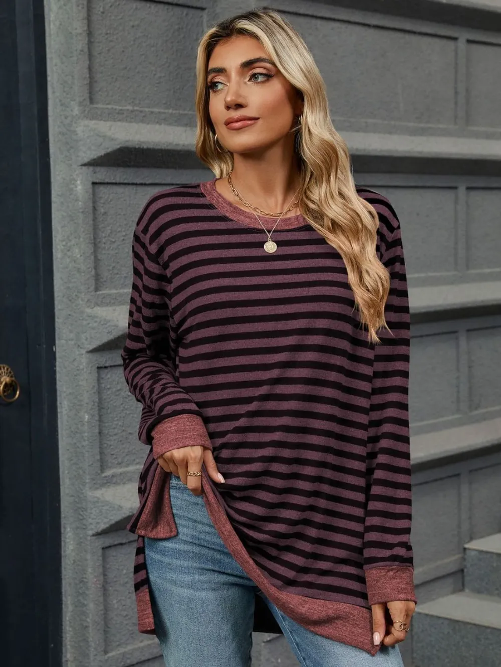 Striped Round Neck Long Sleeve T-Shirt, image 16