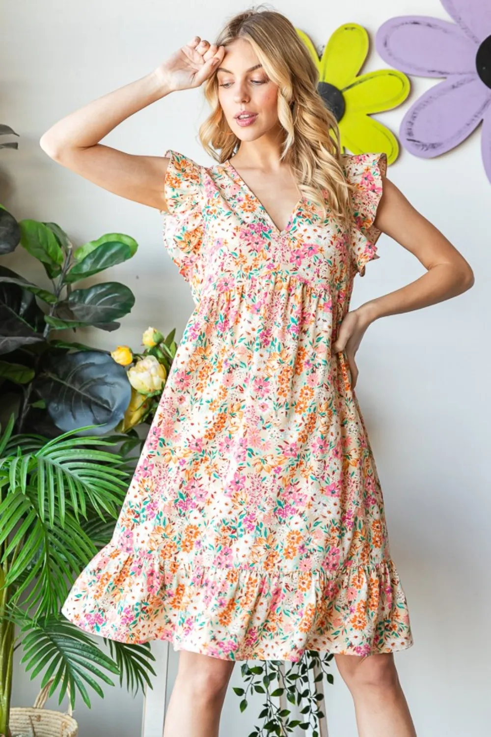 Full Size Floral Ruffled V-Neck Dress, image 4