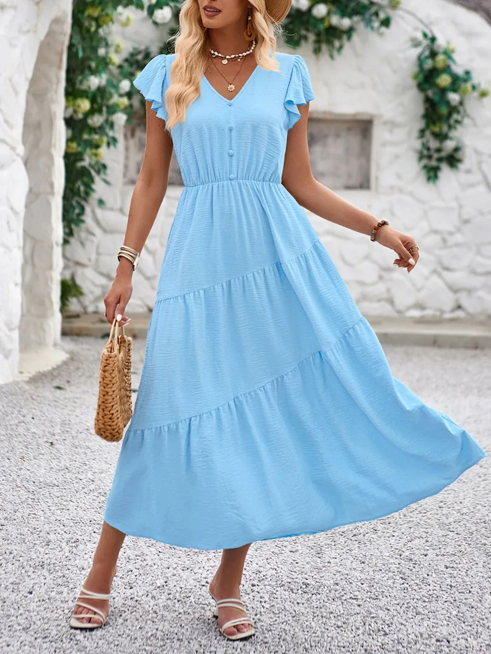 V-Neck Ruffle Sleeve Dress, image 3